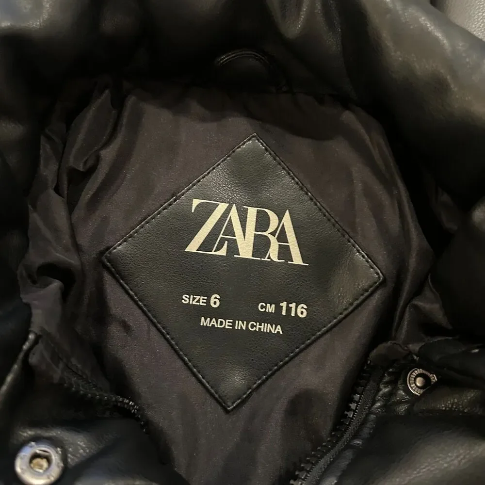 Zara Zip up Faux Leather Puffer Jacket Black Size Size 6